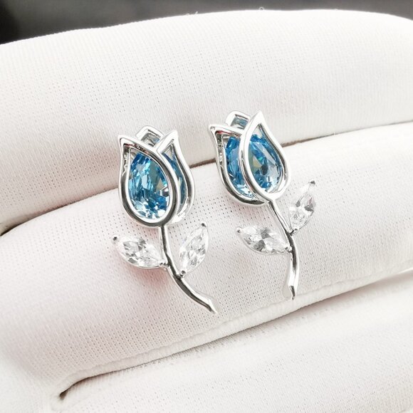 Blue Tulip Earrings Flower~Sterling Silver & Austrian Crystal~BEAUTIFUL!! - Picture 5 of 6